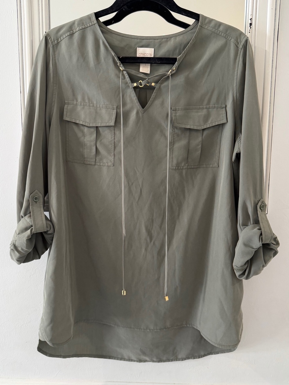 Chico's Olive Green V-Neck Utility Tunic with Tie
